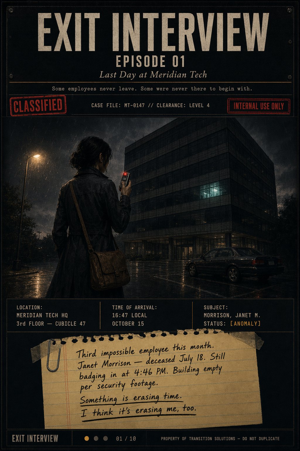 Episode 01 cover — Last Day at Meridian Tech
